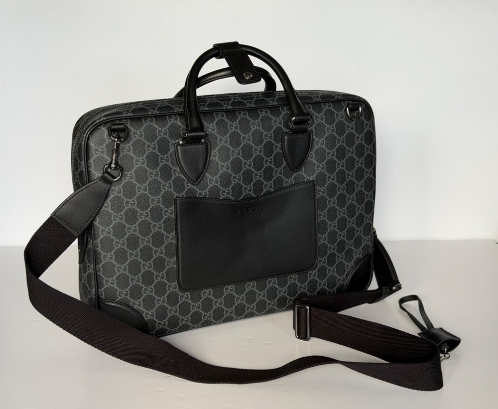 Gucci GG Emblem Medium Black Monogram Briefcase 821149 FAED4 NWOT